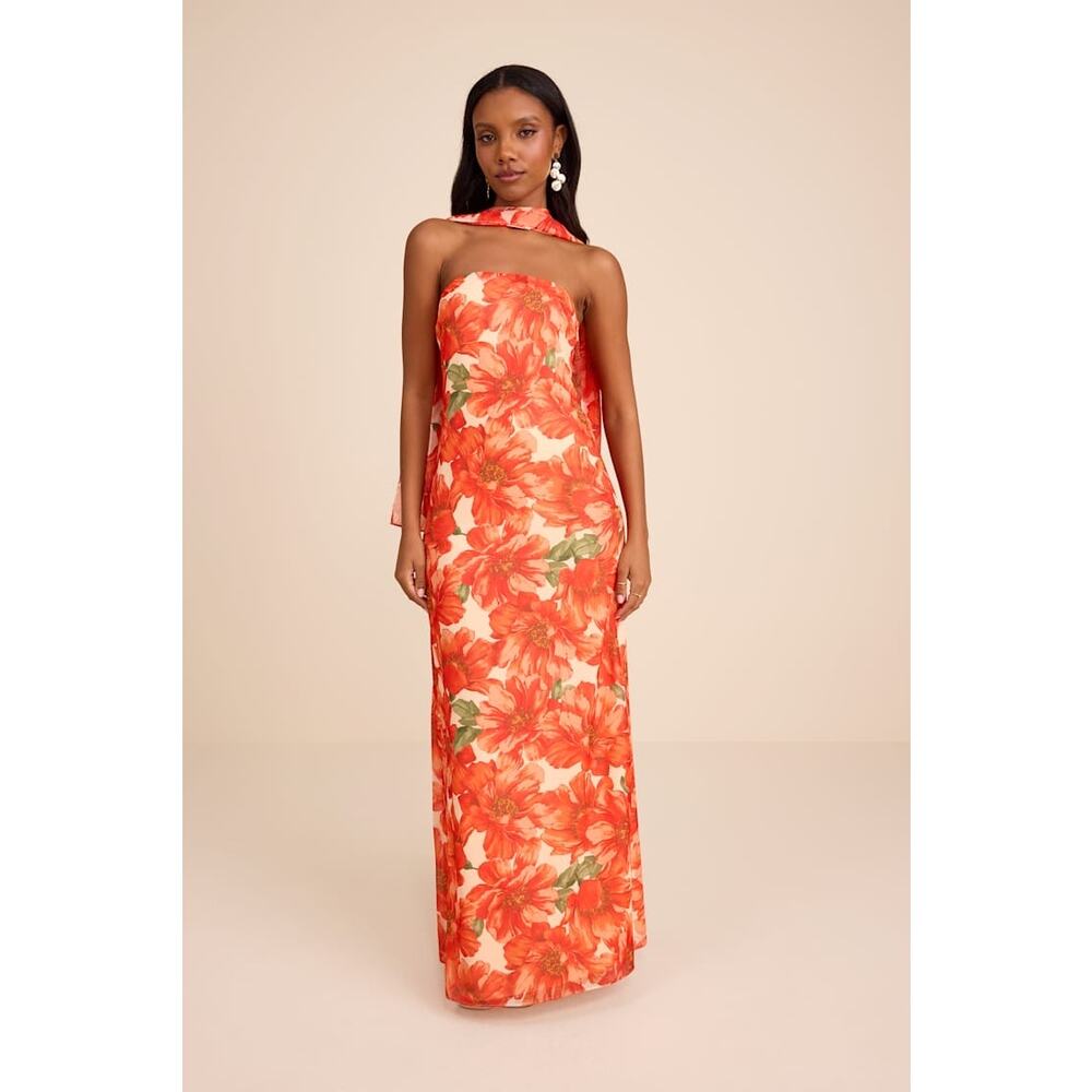 NWT Lulus Rawya Orange Floral Strapless Maxi Dress and Scarf Set XL